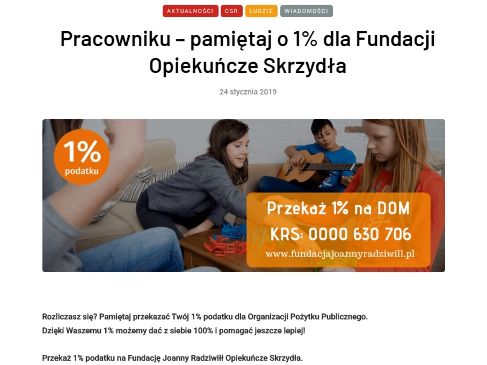 Manager24.pl: 1% na Dom Opiekuńczych Skrzydeł.