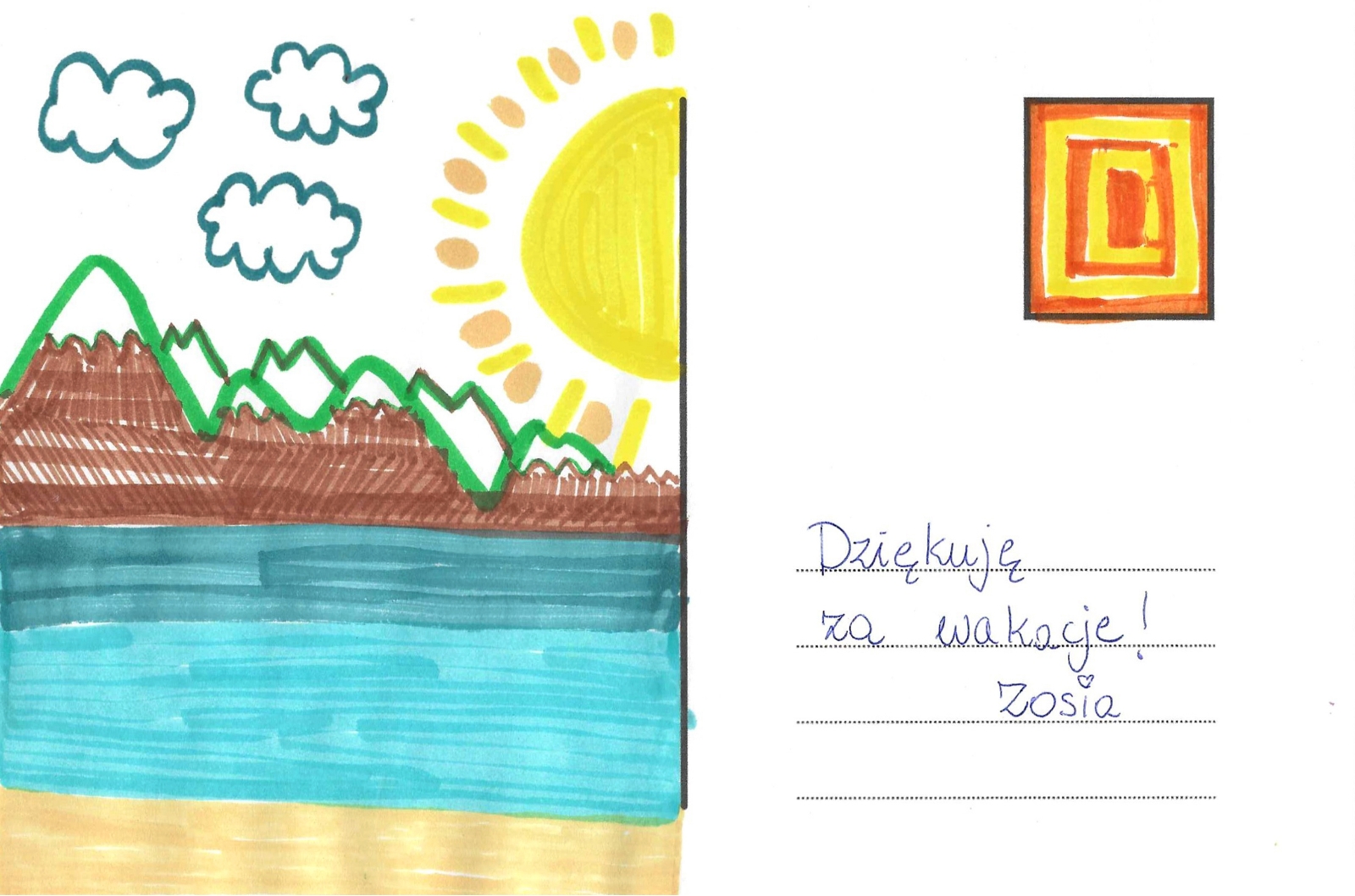 Pocztówka z odręcznymi podziękowaniami dziecka za wakacje i rysunkiem przedstawiającym górski krajobraz z jeziorem i dużym słońcem.